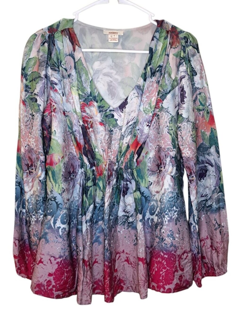 Sundance Women 100% Silk Floral Ruched Flow Sugarplum Garden Blouse Size S